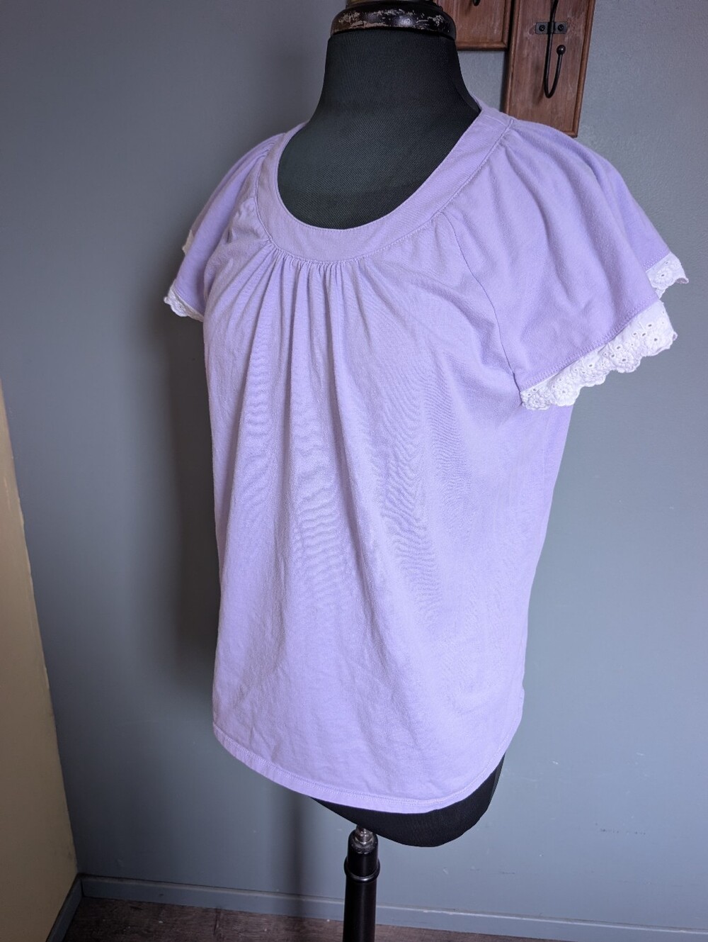 Basic Editions Lavender Short Sleeve Tee with Eyelet Sleeve Trim